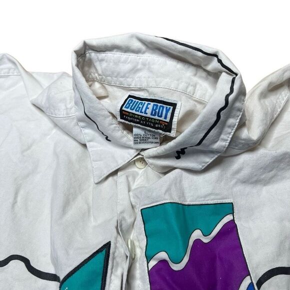 Vintage 80s Bugle Boy Geometric Yacht Button Down Shirt Short Sleeve Large - Picture 4 of 5